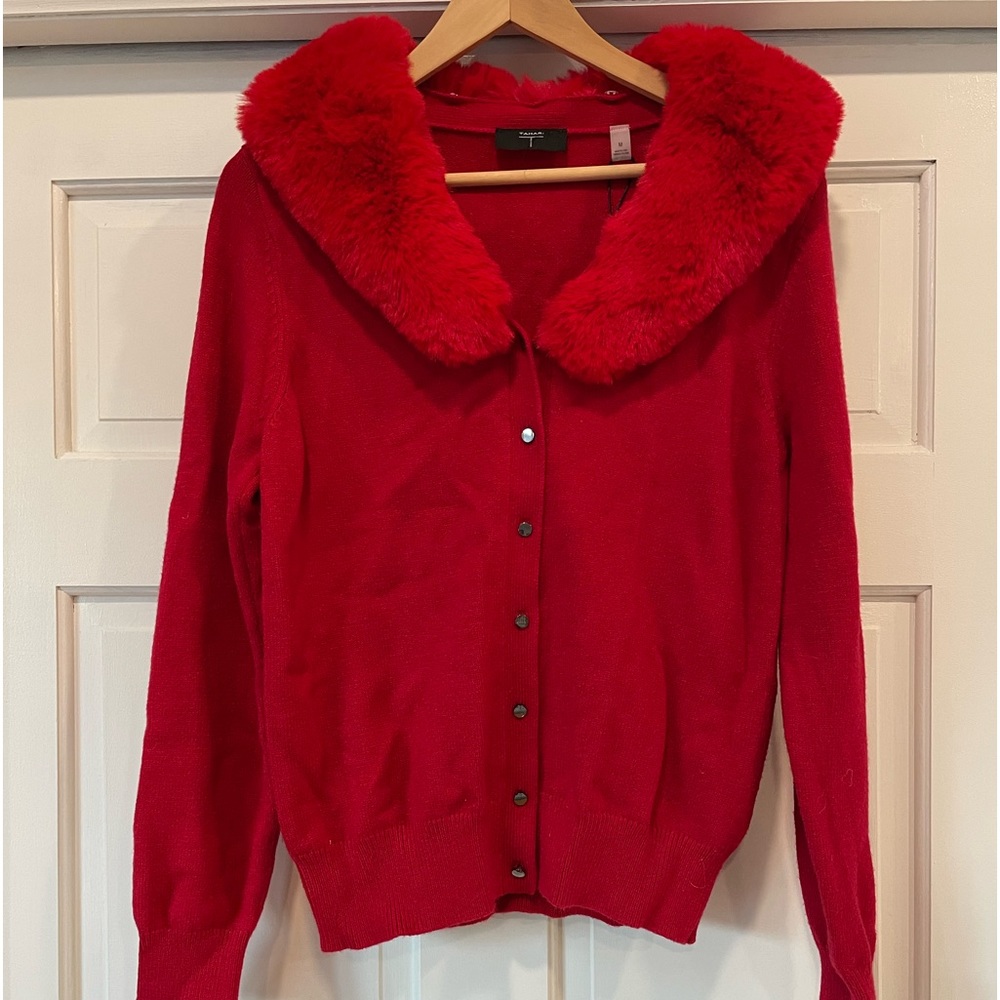 NWT Tahari Red Faux Fur Collar Cardigan Sweater Button Down Knit Medium